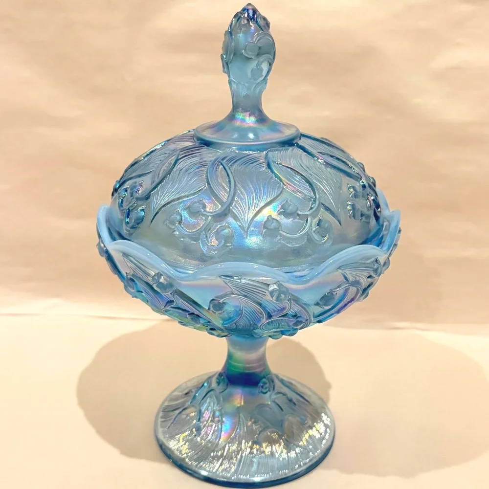 Fenton Lily of the Valley Blue Opalescent Moon Glass Lidded Candy Dish Vintage